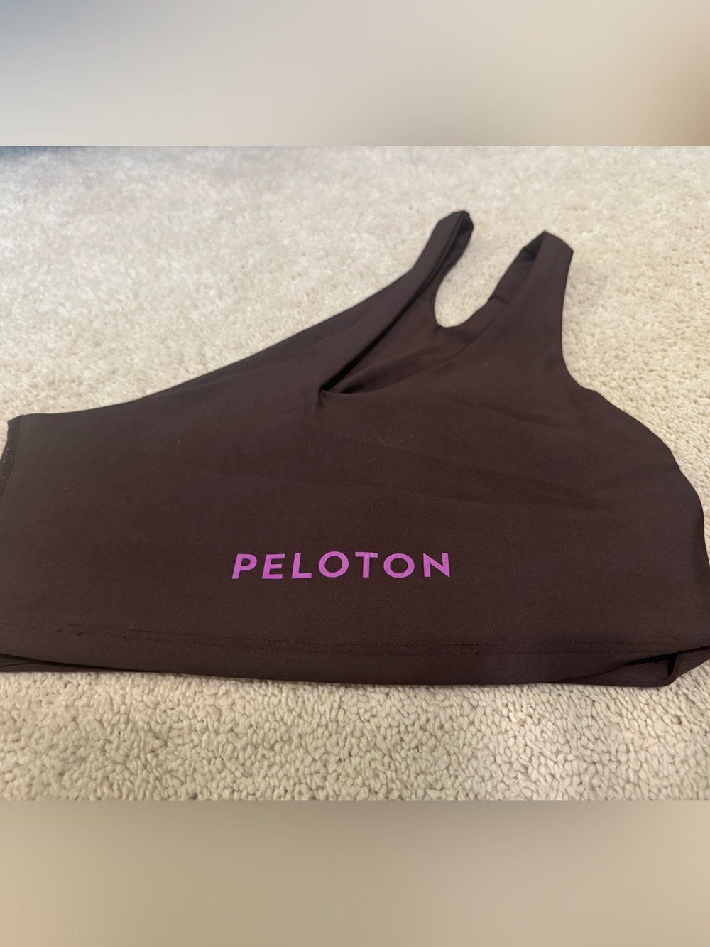 Peloton Espresso Brown Sports Bra with Purple Peloton Logo. One shoulder